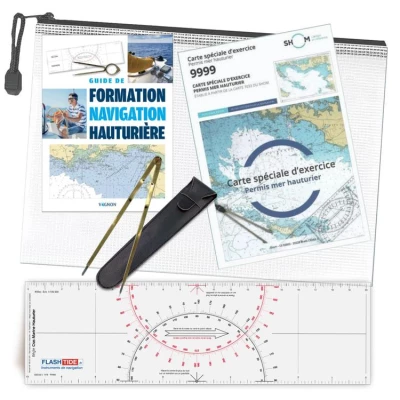 Pack officiel permis plaisance hauturier avec le manuel de formation navigation hauturière + Règle Cras + Compas Laiton + Carte SHOM 9999 + Pochette de Rangement - FlashTide