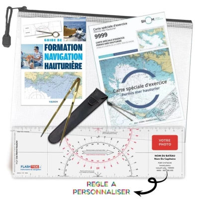 Pack officiel permis plaisance hauturier avec le manuel de formation navigation hauturière + Règle Cras + Compas Laiton + Carte SHOM 9999 + Pochette de Rangement - FlashTide