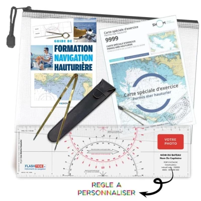 Pack permis plaisance hauturier avec le manuel de formation navigation hauturi�re + R�gle Cras personnalis�e + Compas Laiton + Carte SHOM 9999 + Pochette de Rangement - FlashTide